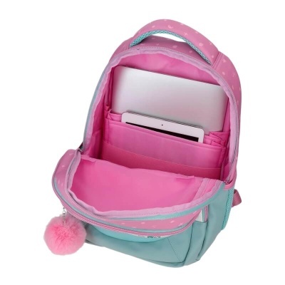 Mochila aberta rosa e azul com pompom e compartimentos para portátil e tablet