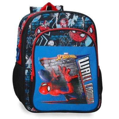 Mochila infantil com tema Spider-Man azul e preta com bolso frontal ilustrado