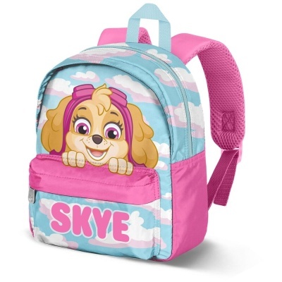 Mochila infantil azul com nuvens, rosa e personagem Skye