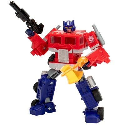 Figura de ação do robô Optimus Prime vermelho e azul com arma e machado