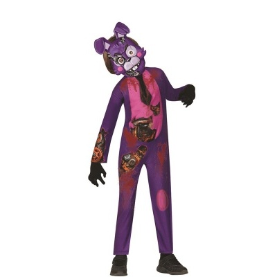 Fantasia integral de coelho roxo e rosa com máscara e luvas pretas