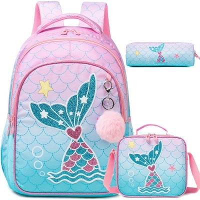 Conjunto colorido de mochila, estojo e lancheira com tema de sereia