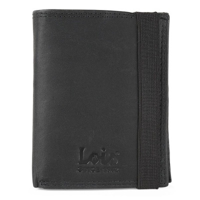 Carteira preta de pele com faixa elástica e texto em relevo