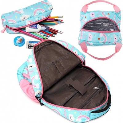 Mochila e estojo escolares azul claro com padrão de unicórnios e arco-íris