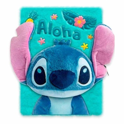 Pelúcia Stitch com fundo turquesa e texto Aloha