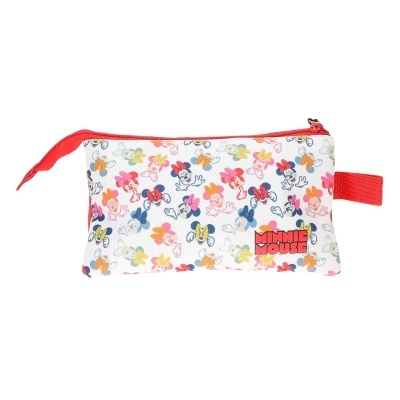 Estojo tecido branco com padrão colorido Minnie Mouse e fecho vermelho