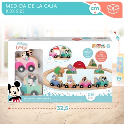 Conjunto Disney baby de veículos em madeira com 18 peças e personagens Mickey e Minnie numa caixa colorida