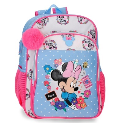 mochila azul e rosa com Minnie Mouse e flores coloridas