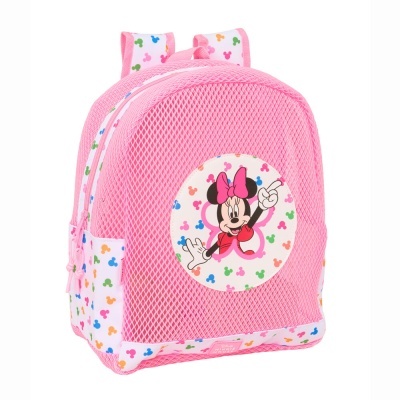 Mochila rosa com Minnie Mouse e padrão colorido de Mickey
