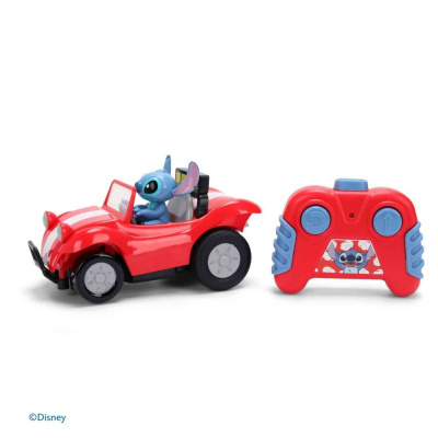 Carrinho de brinquedo vermelho com personagem Stitch e comando remoto vermelho e azul