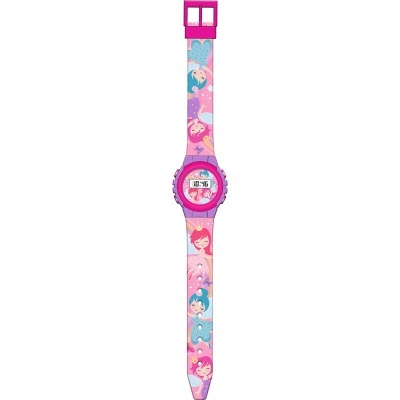 Relógio digital infantil cor-de-rosa com padrão de bonecas e corações