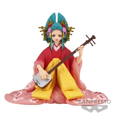 Figura de personagem japonesa a tocar shamisen com traje tradicional e acessórios coloridos.