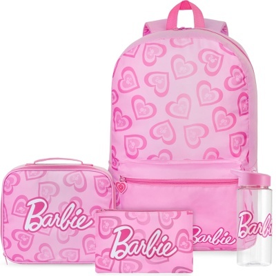 Conjunto cor-de-rosa Barbie com mochila, saco de almoço, estojo e garrafa