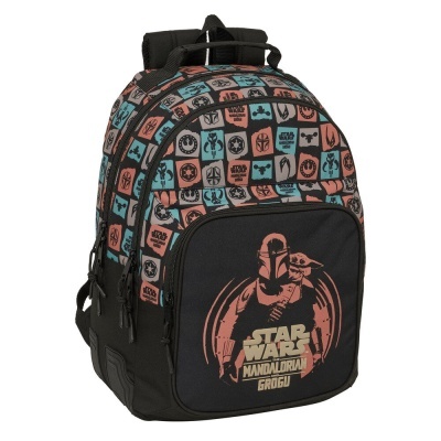 Mochila Star Wars Mandalorian com padrão colorido e imagem do Mandaloriano e Grogu