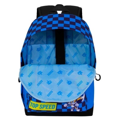 Mochila azul e preta com padrão quadriculado e desenhos de Sonic.