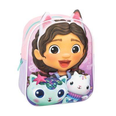 Mochila infantil cor-de-rosa com personagens na frente