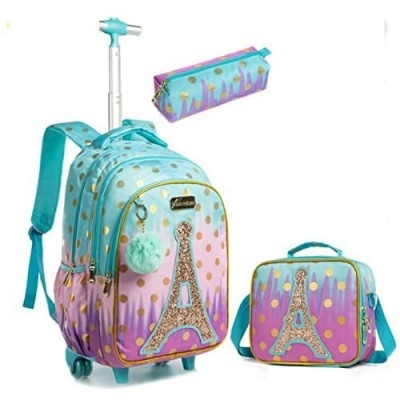 Conjunto mochila escolar com rodas, estojo e saco térmico com padrão de pontos dourados e Torre Eiffel.