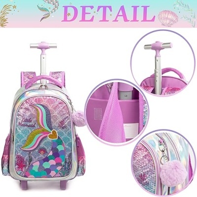 Mochila com carrinho, asas e pompom cor-de-rosa, padrão sereia colorida