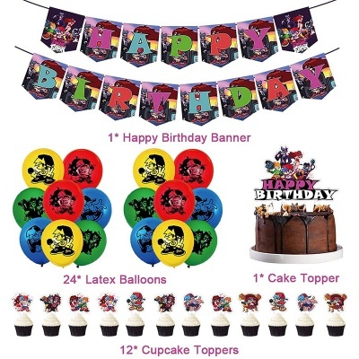 Conjunto de decoração de aniversário com faixa, balões, toppers de cupcakes e topper para bolo coloridos com personagens