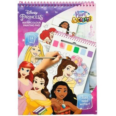 Bloco de pintura Disney Princess com aguarelas e desenho de princesas colorido