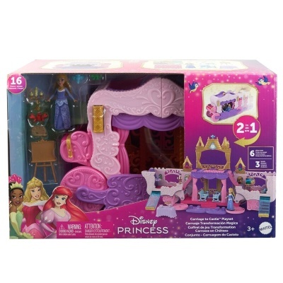 Brinquedo Disney Princess de carruagem cor-de-rosa em caixa rosa com personagens e acessórios.
