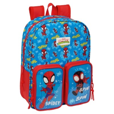 Mochila infantil azul com desenhos do Homem-Aranha e Bolsos frontais vermelhos