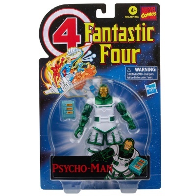 Boneco de ação Psycho-Man da Marvel Fantastic Four em embalagem azul com texto e aviso