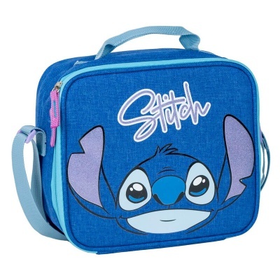 Mala azul com padrão do personagem Stitch e nome Stitch em branco