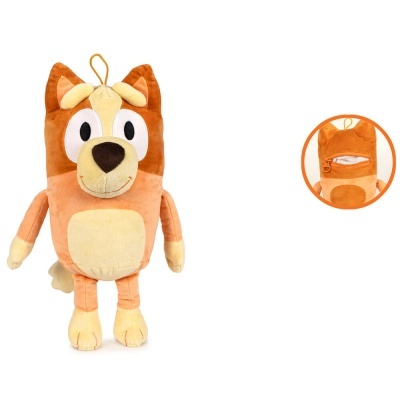 Pelúcia castanha de personagem com bolso traseiro