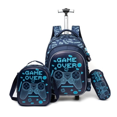 Conjunto mochila rodas, bolsa e estojo azul escuro com padrão videojogo e texto GAME OVER