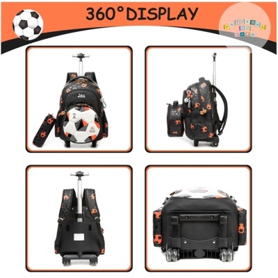 Mochila de rodinhas preta com padrão de bolas de futebol laranja e preta mostrada de vários ângulos