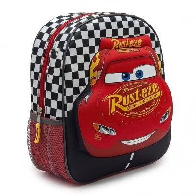 Mochila com padrão xadrez e estampa de carro de desenho animado vermelho