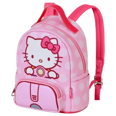 Mochila infantil rosa com Hello Kitty e bolinhas brancas