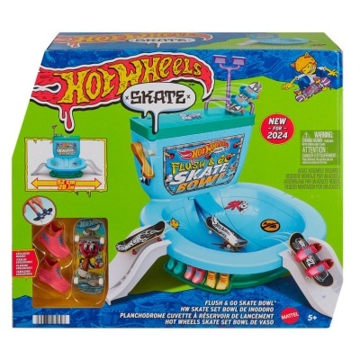Conjunto Hot Wheels SKATE Flush & Go Skate Bowl com acessorios em azul e laranja numa caixa colorida