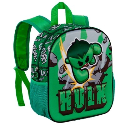 Mochila verde infantil com desenho do Hulk e texto HULK na frente