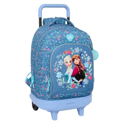 Mochila de carrinho azul da Disney Frozen com personagens Elsa e Anna e padrão floral