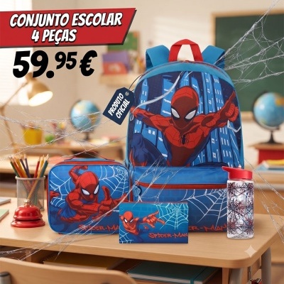 Conjunto escolar Spider-Man azul com mochila, lancheira, estojo e garrafa numa sala de aula