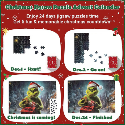 Calendário de advento puzzle de Natal com imagens do Grinch e peças de puzzle