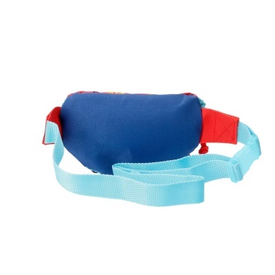 Bolsa pochete azul com alça azul clara e detalhes vermelhos