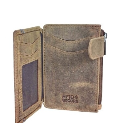 Carteira castanha em pele com vários compartimentos e fecho