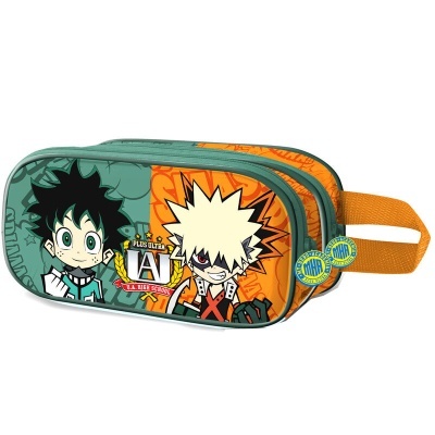 Estojo escolar com personagens de desenho animado e fechos amarelos