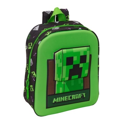 Mochila infantil Minecraft verde e preta com cabeça de Creeper em relevo