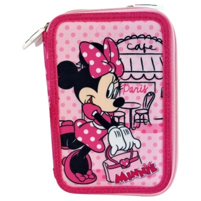 Estojo cor-de-rosa com imagem de Minnie Mouse e fundo de café Paris.