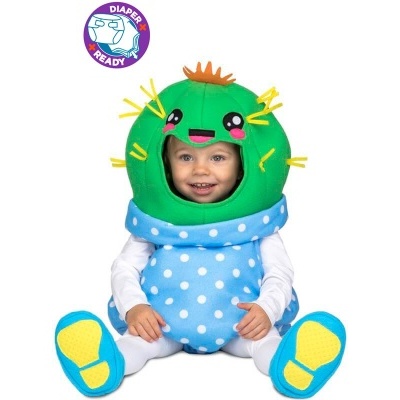 Fantasia de bebé em forma de cacto colorido com padrão de bolinhas brancas