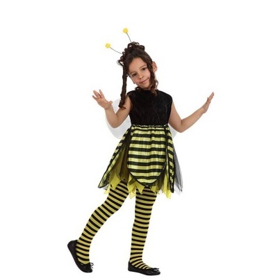 Fato de abelha para criança com vestido preto e amarelo, collants às riscas e antenas.