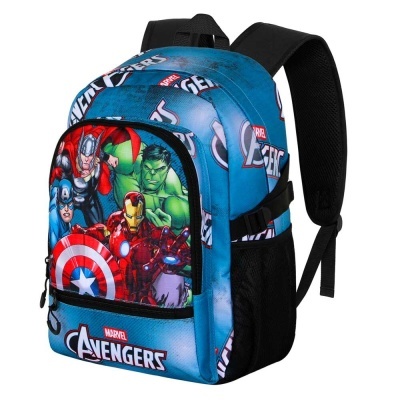 Mochila Avengers azul com personagens Marvel e alças pretas acolchoadas
