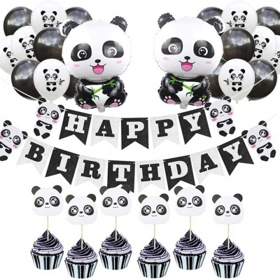 Decoração de festa com balões de panda e bandeirolas 'HAPPY BIRTHDAY'