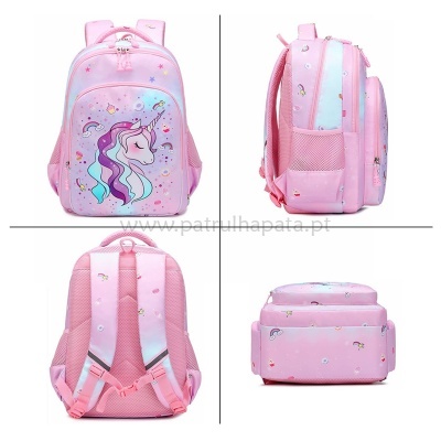 Mochila rosa com estampa de unicórnio vista de frente, lado, costas e base