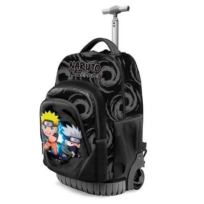 Mochila de rodinhas preta com personagens de desenho animado na frente e texto NARUTO SHIPPUDEN