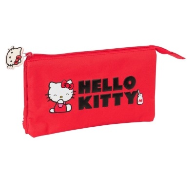 estojo escolar vermelho Hello Kitty com fecho de correr e puxador decorativo